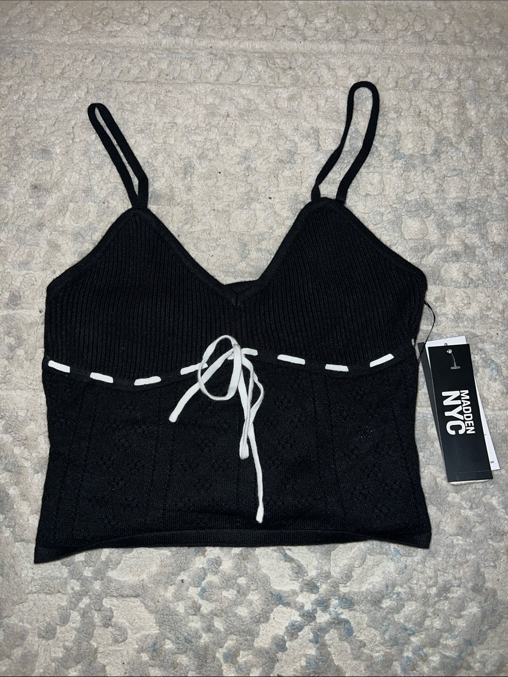 Madden NYC Black Cropped Knit Cami with Contrast Tie